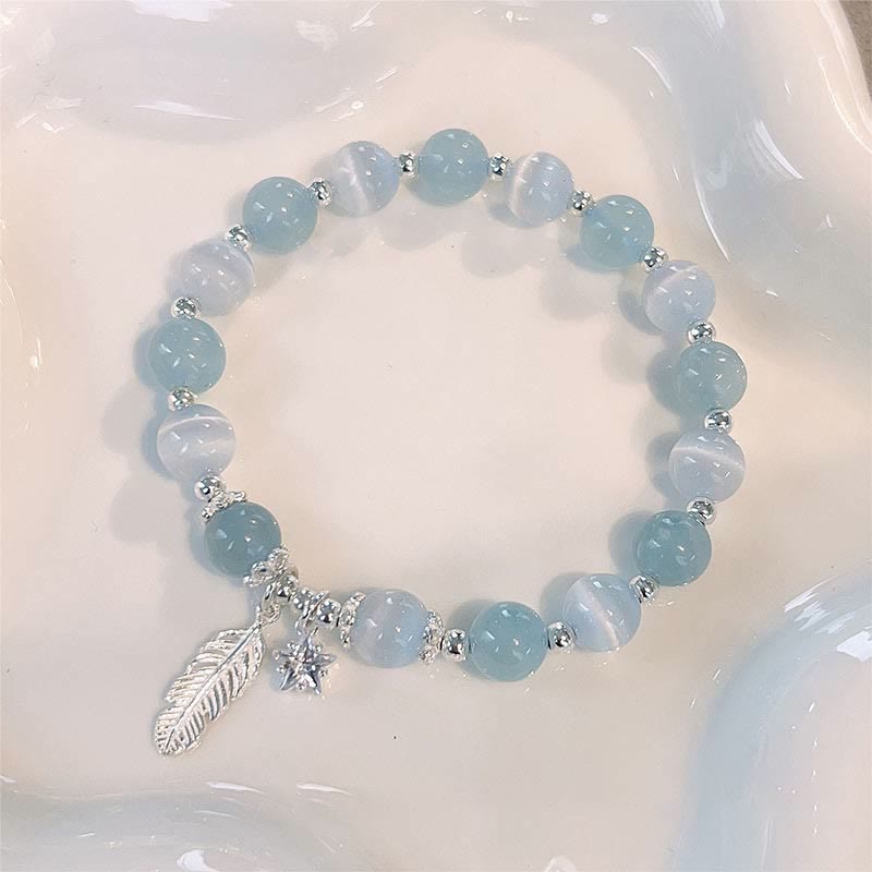 925 Sterling Silver Aquamarine Cat's Eye Healing Feather Star Charm Bracelet