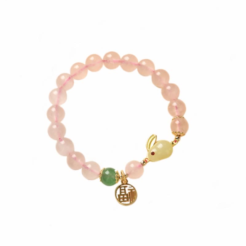 Natural Green Agate and Rose Quartz Rabbit Charm Beaded Bracelet