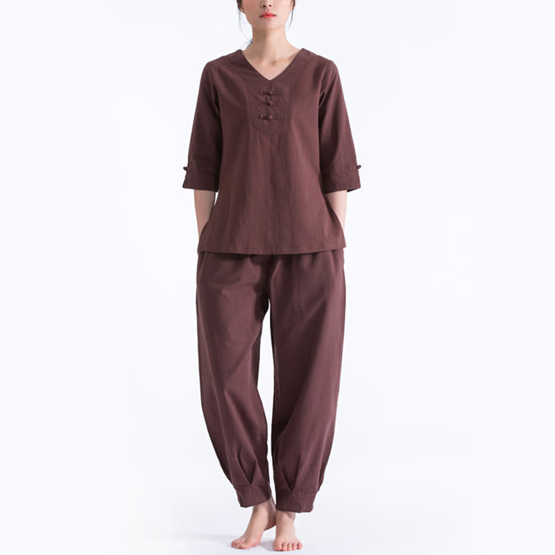 Yoga Meditation Prayer V-neck Design Cotton Linen Clothing Uniform Zen Practice Women's Set