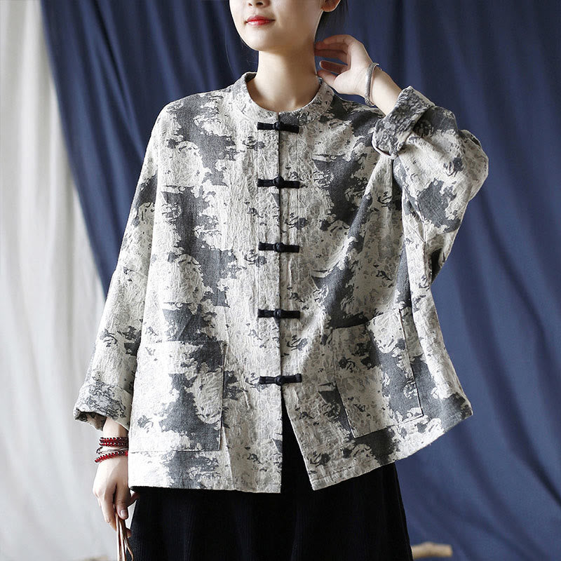 Black Gray Print Frog-button Design Long Sleeve Cotton Linen Jacket Shirt With Pockets
