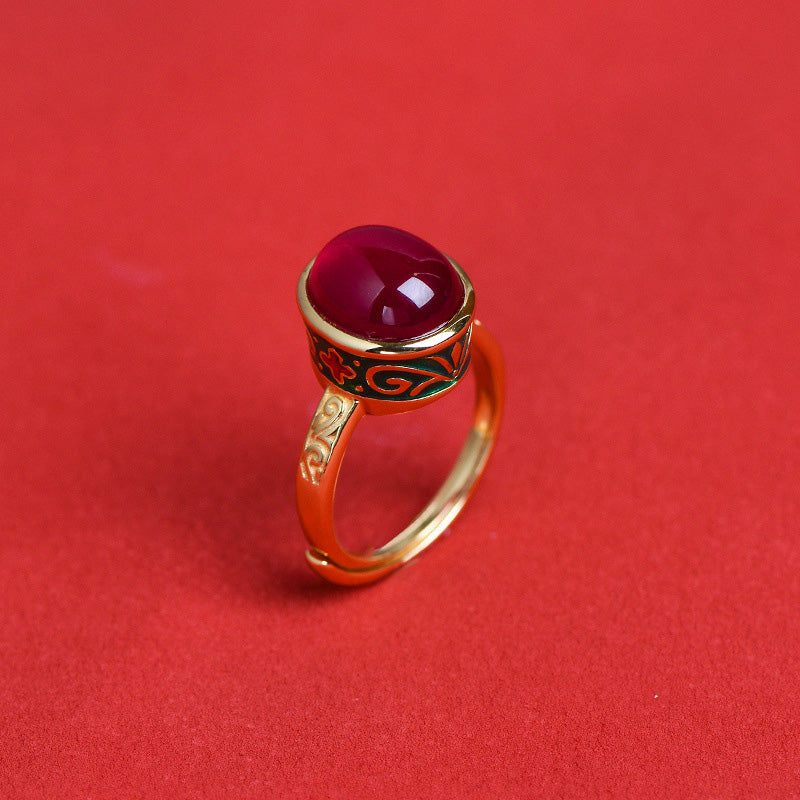 Adjustable 925 Sterling Silver Ruby Ring with Floral & Leaf Motifs