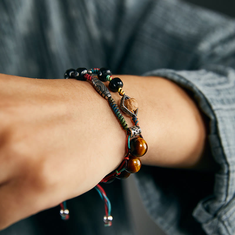 Handmade Tiger's Eye, Bodhi Seed & Coconut Shell 925 Sterling Silver Beaded Bracelet