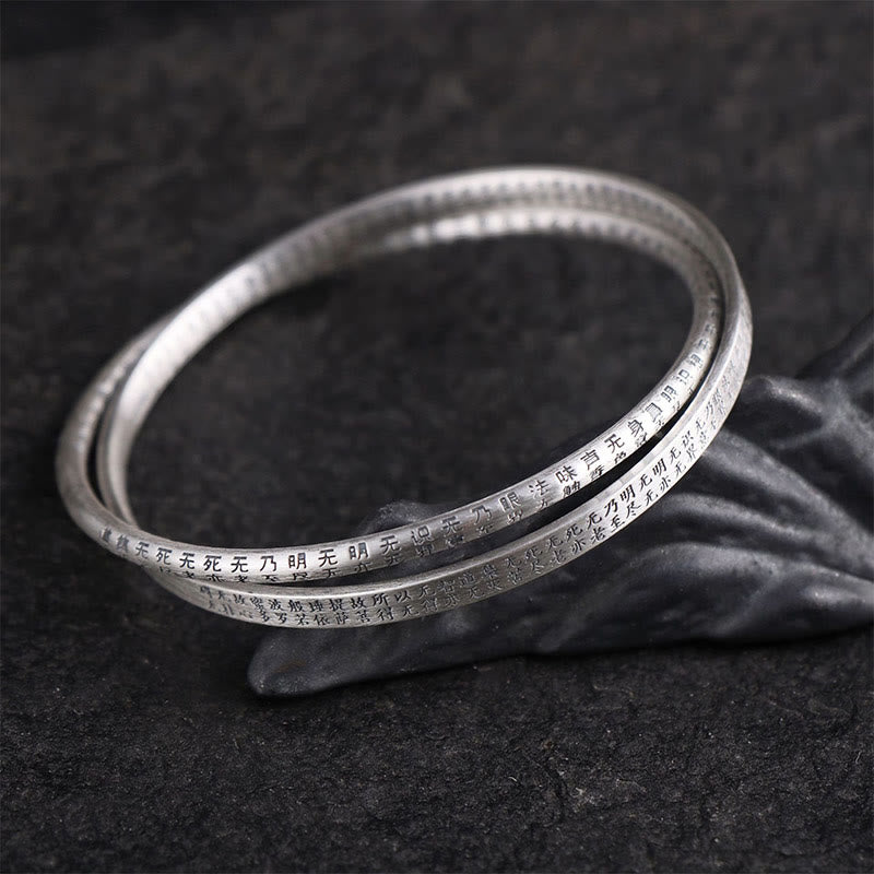999 Sterling Silver Heart Sutra Carved Protection Bracelet Bangle