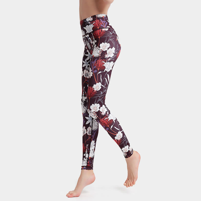 Colorful Flower Petal Leaves Print Sports Exercise Fitness High Waist Leggings Women's Yoga Pants