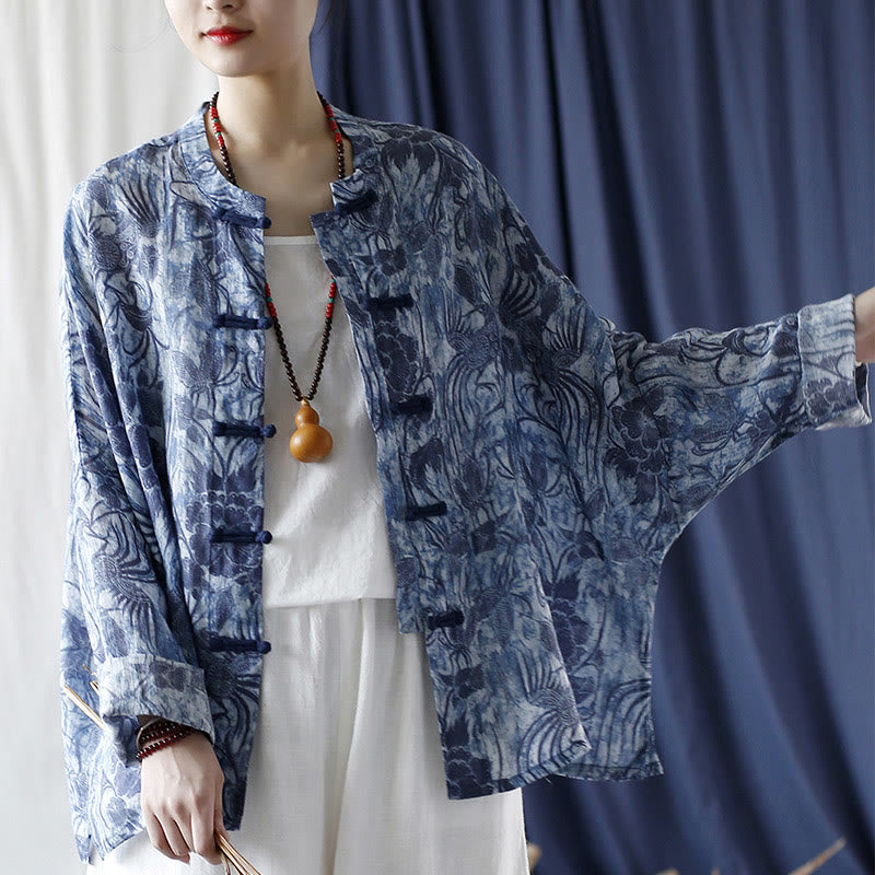Ramie Linen Floral Stand Collar Meditation Jacket Shirt