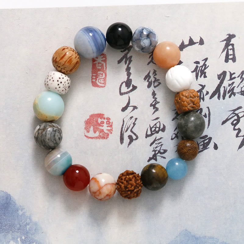 Handmade 18-Bead Bodhi Seed Bracelet with Natural Agate and Clear Quartz