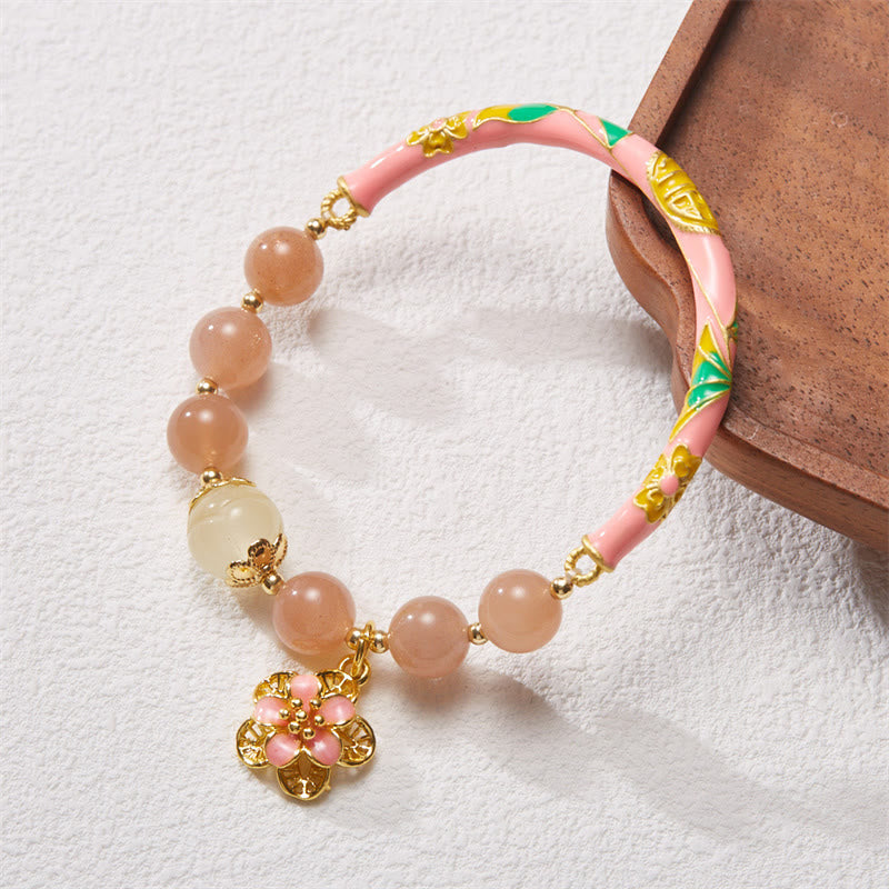 Natural Sun Stone Golden Silk Jade Flower Charm Wealth Bracelet Bangle
