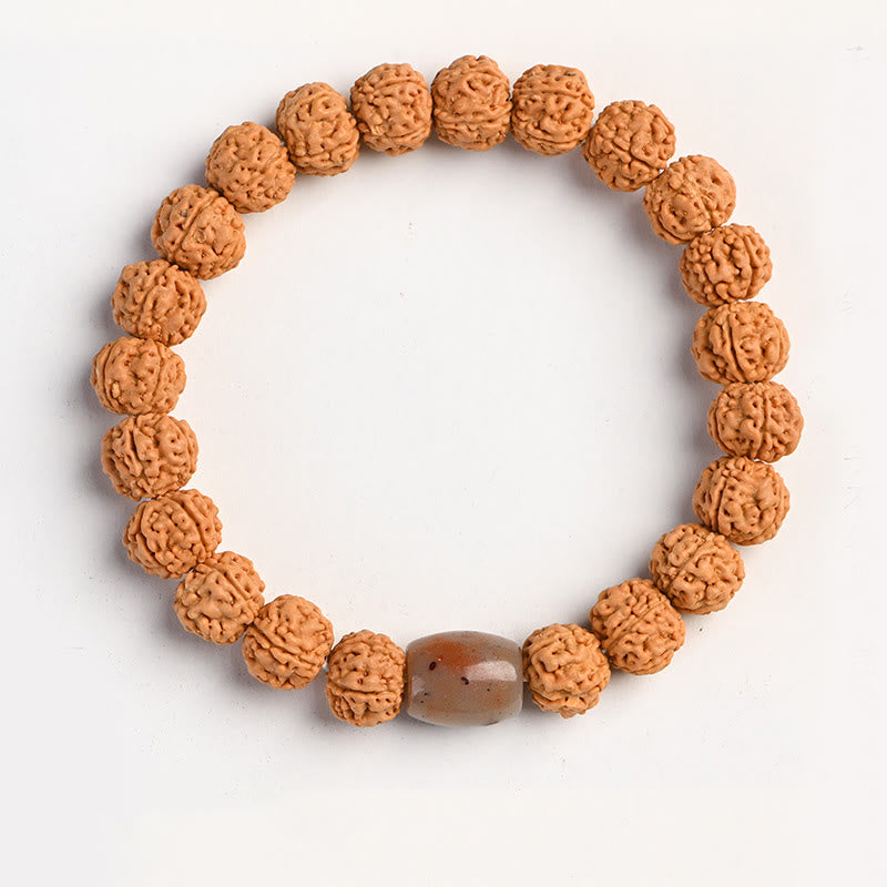 Tibetan Rudraksha & Bodhi Seed Bracelet with Hetian Jade and Gold Sheen Obsidian