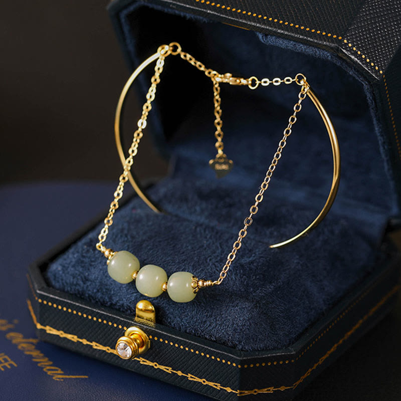 Copper Plated Gold Hetian Jade Bead Luck Double Layer Bracelet Bangle