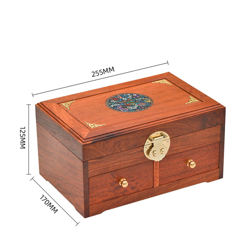 Handmade Antique Rosewood Double Layer Lockable Flower Jewelry Storage Box
