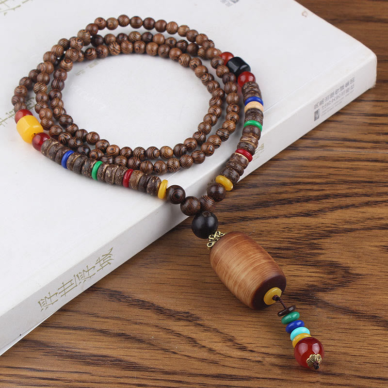 Tibetan Wenge Wood Bodhi Seed Agate Balance Peace Necklace Pendant (Extra 40% Off | USE CODE: FS40)