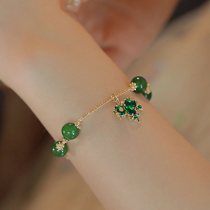 14k Gold Plated Green Chalcedony Maple Leaf Courage Strength Bracelet