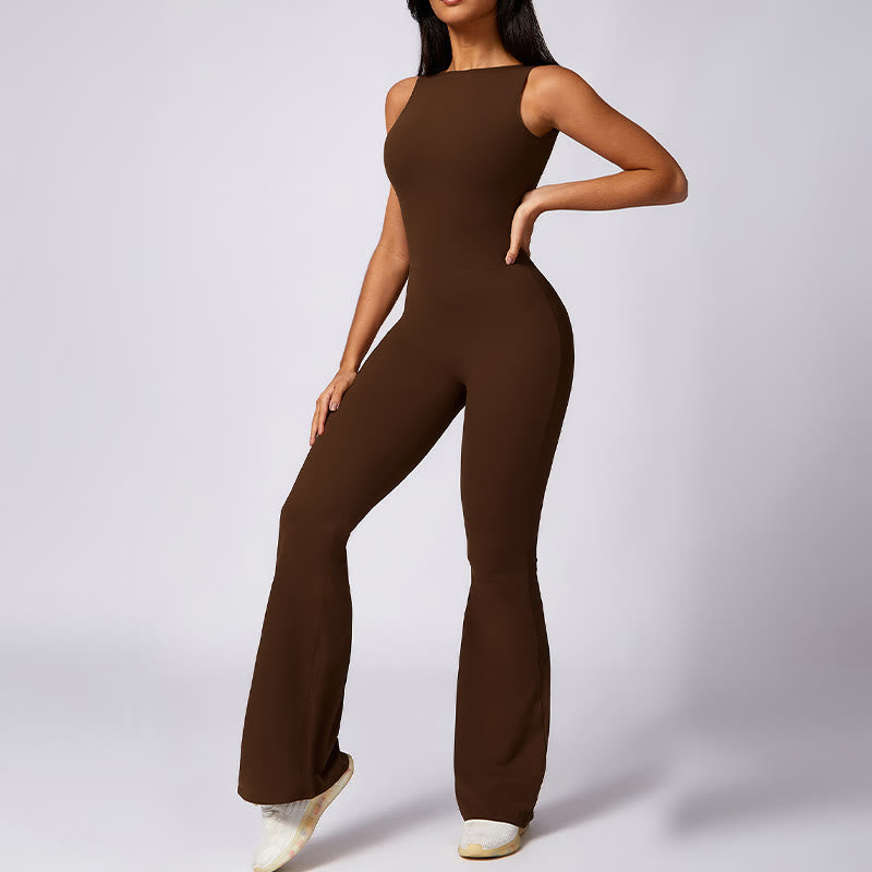 Women Casual Sleeveless Jumpsuit Flare Pants Sports Fitness Yoga Bodysuit