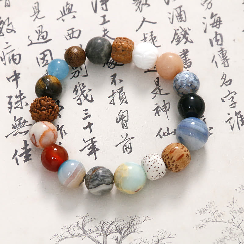 Handmade 18-Bead Bodhi Seed Bracelet with Natural Agate and Clear Quartz