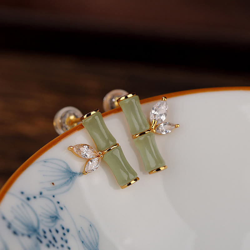 Gold Plated 925 Sterling Silver Bamboo Pattern Jade and Agate Stud Earrings