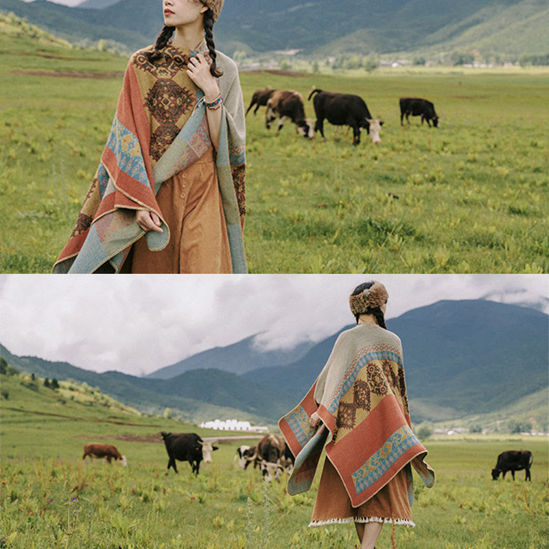 Tibetan Shawl Diamond Pattern Winter Warm Cloak Scarf