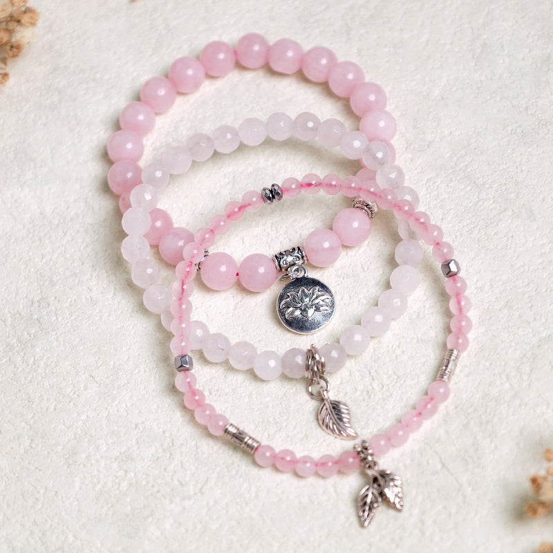 3PCS Natural Gemstone Beaded Lotus Charm Bracelet Set