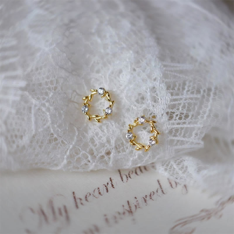 Tiny Wreath Blessing Flower Stud Earrings in Zircon and 925 Sterling Silver