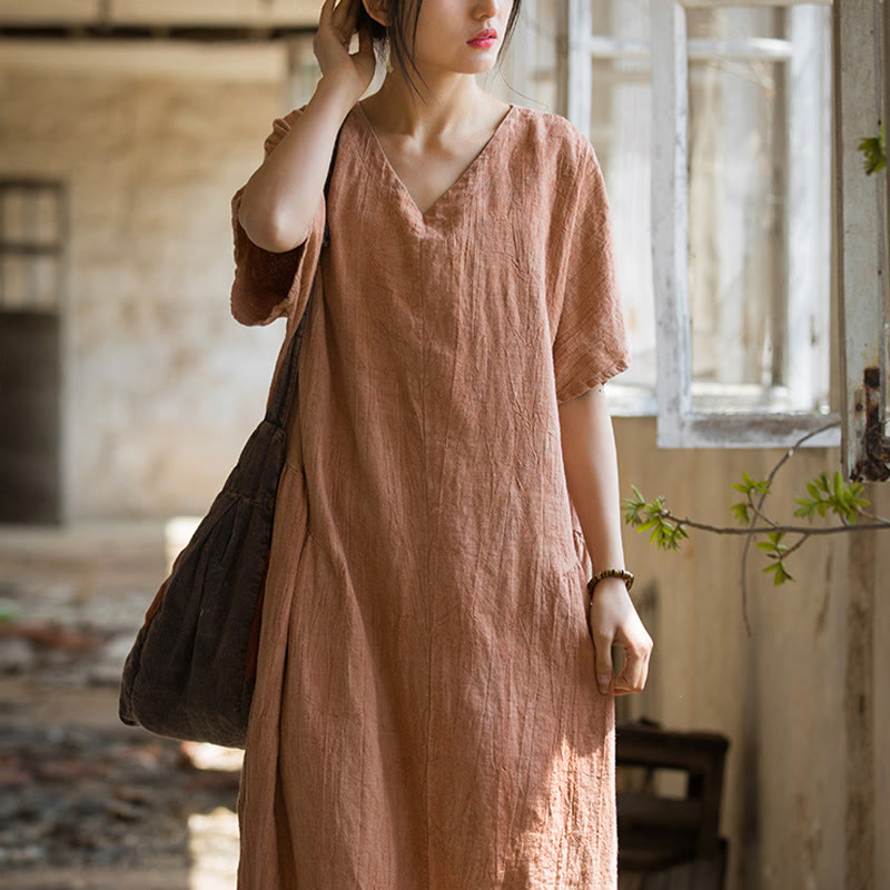 Handmade Tie Dye V-Neck Midi Dress Linen Short Sleeve Dress