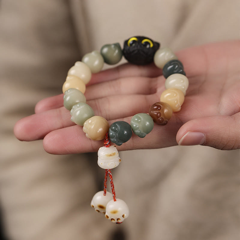 Natural Bodhi Seed Lovely Paw Ebony Wood Lucky Cat Wisdom Bracelet