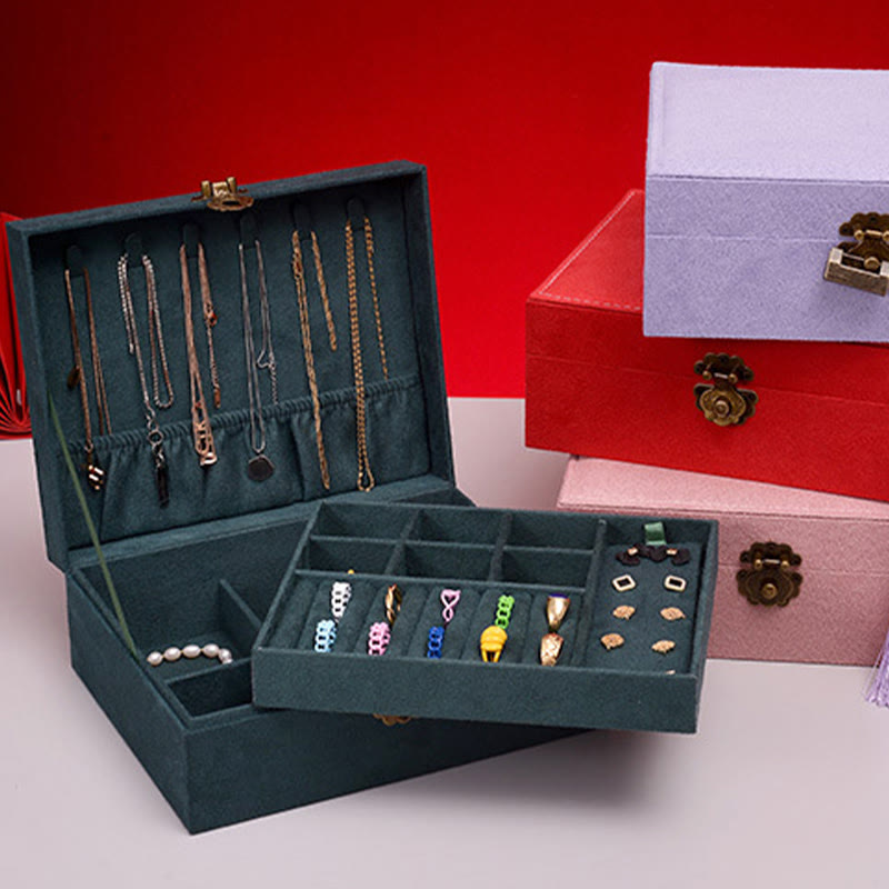 Elegant Two-Layer Flannel Jewelry Box Organizer with Secure Lock