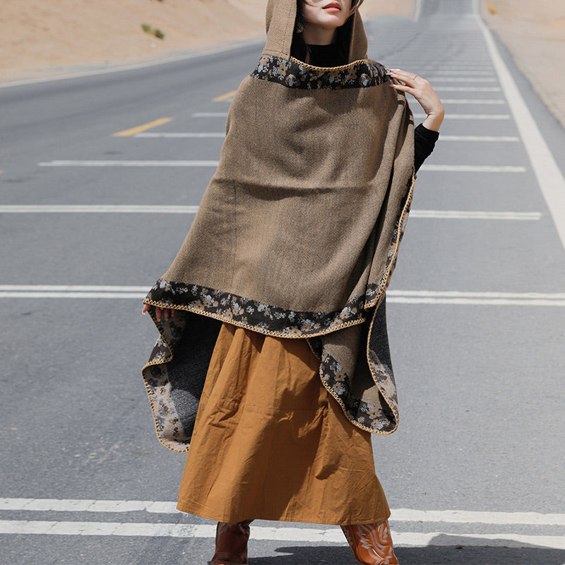 Tibetan Shawl Border Small Floral Flower Hooded Cloak Winter Cozy Travel Scarf Wrap