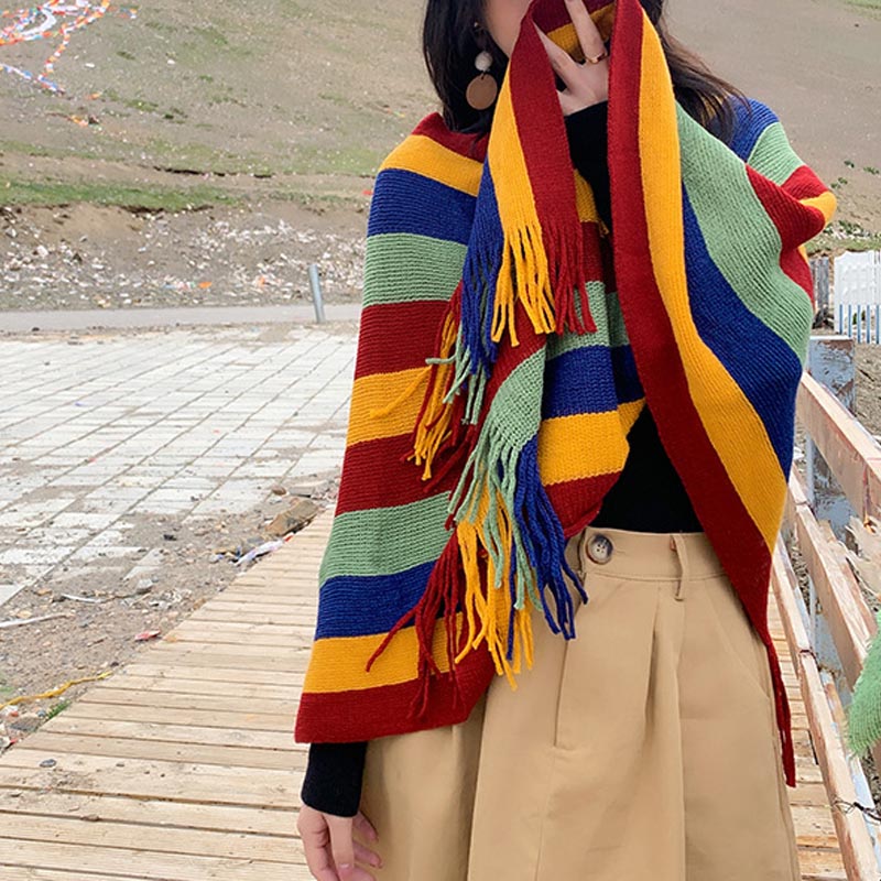 Knitted Striped Tassel Pullover Meditation Shawl Wrap