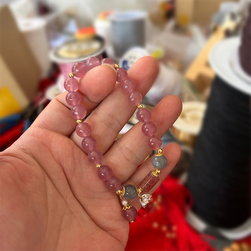 Natural Strawberry Quartz Zircon Flower Positive Charm Bracelet