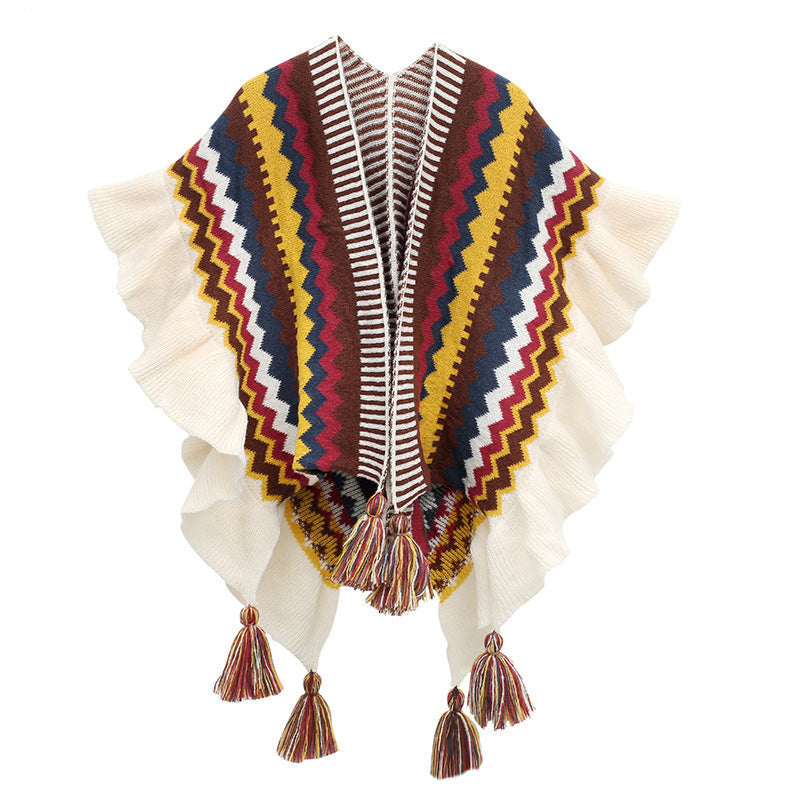 Tibetan Shawl Colorful Striped Wavy Line Tassels Winter Cozy Travel Scarf Wrap