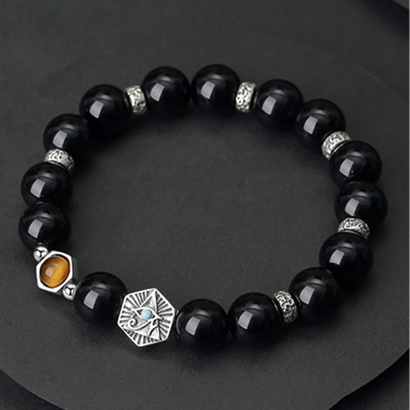 925 Sterling Silver Black Obsidian Tiger Eye Eye of Providence Purification Bracelet