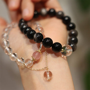 Yin Yang Couple Natural Crystal Bracelet with Silver Sheen Obsidian, Rose Quartz & Gold Accents