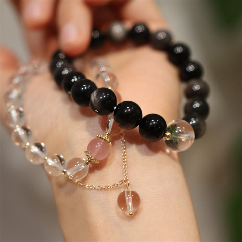 Yin Yang Couple Natural Crystal Bracelet with Silver Sheen Obsidian, Rose Quartz & Gold Accents