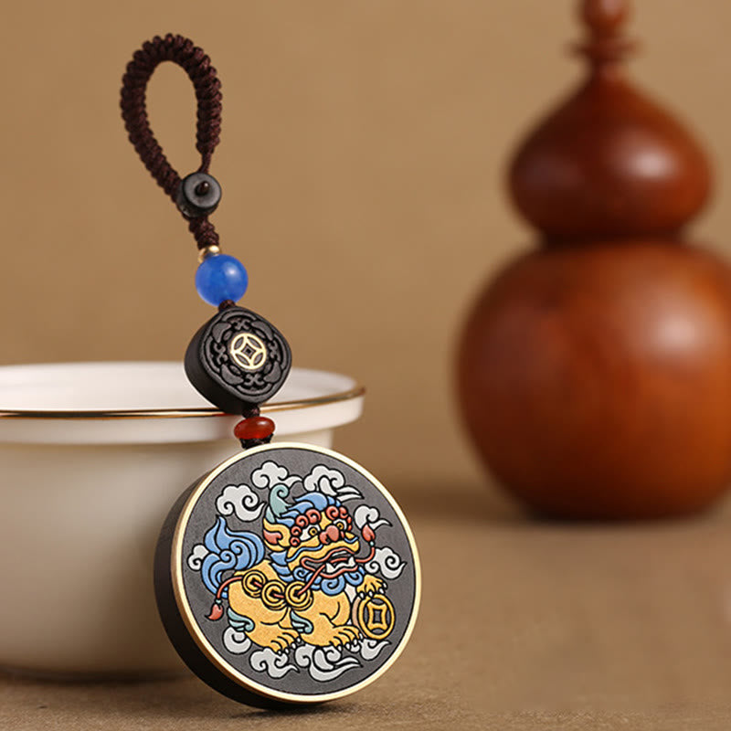 PiXiu Copper Coin Ebony Wood Luck Attract Wealth Key Chain Decoration