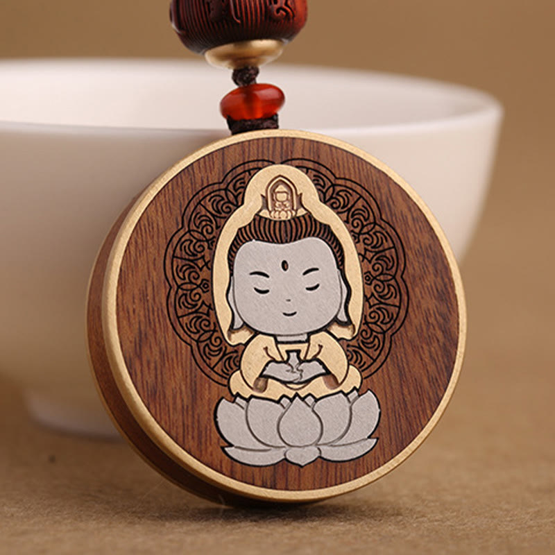 Ebony Wood Rosewood Buddha Avalokitesvara Om Mani Padme Hum Balance Car Key Chain Decoration