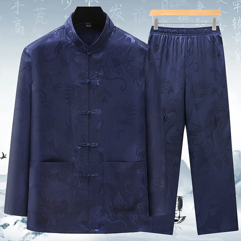 Tang Suit Men Hanfu Chinese Dragon Traditional Clothes Kung Fu Shirt Uniform Long Sleeved Coat Tops and Pants Clothing Men's Set