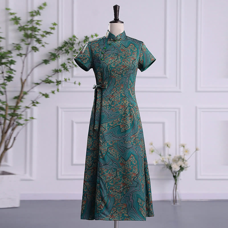 Vintage Auspicious Clouds Leaf Print Cheongsam Dress Women's Qipao Dress