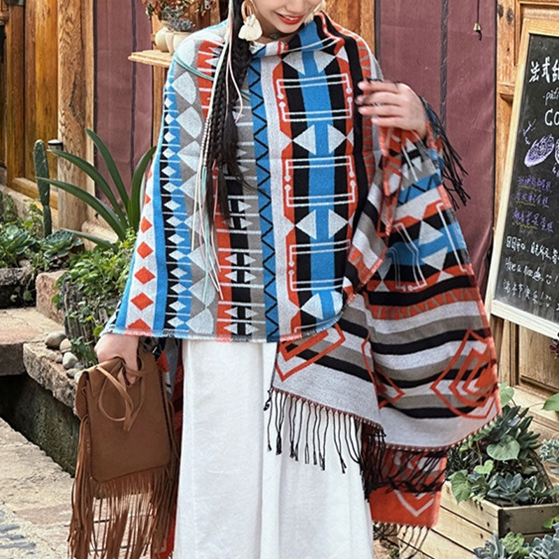 Tibetan Shawl Striped Geometric Pattern Winter Cozy Travel Tassel Scarf Wrap