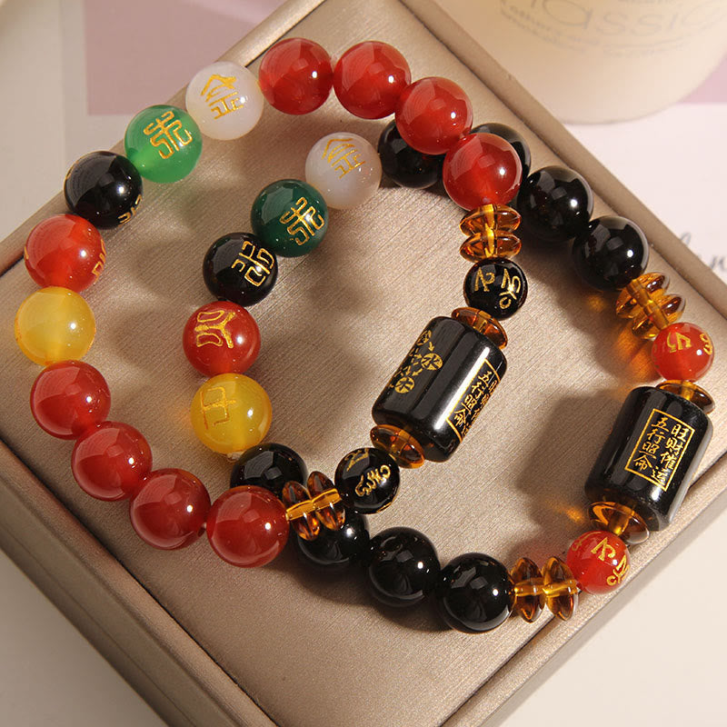 Five Elements Black Onyx Red Agate Wisdom Wealth Bracelet