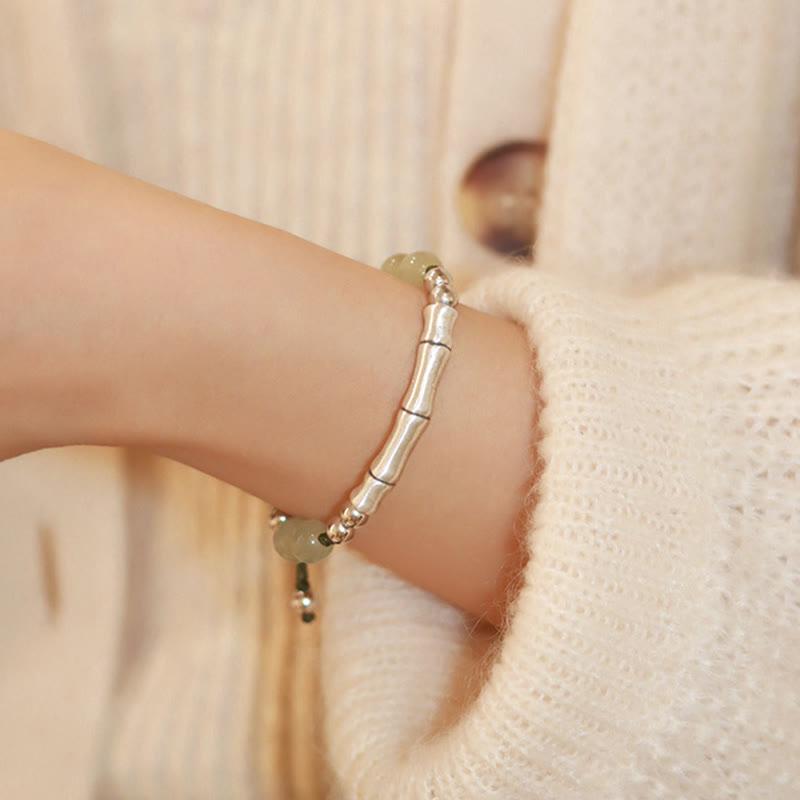925 Sterling Silver Natural Hetian Jade Bamboo and Fu Character Resilience Bracelet