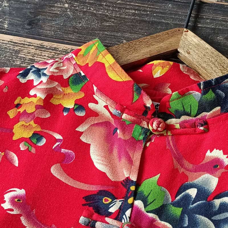 Ethnic Red Flower Peony Frog-Button Cotton Linen Long Sleeve Shirt Jacket With Pockets