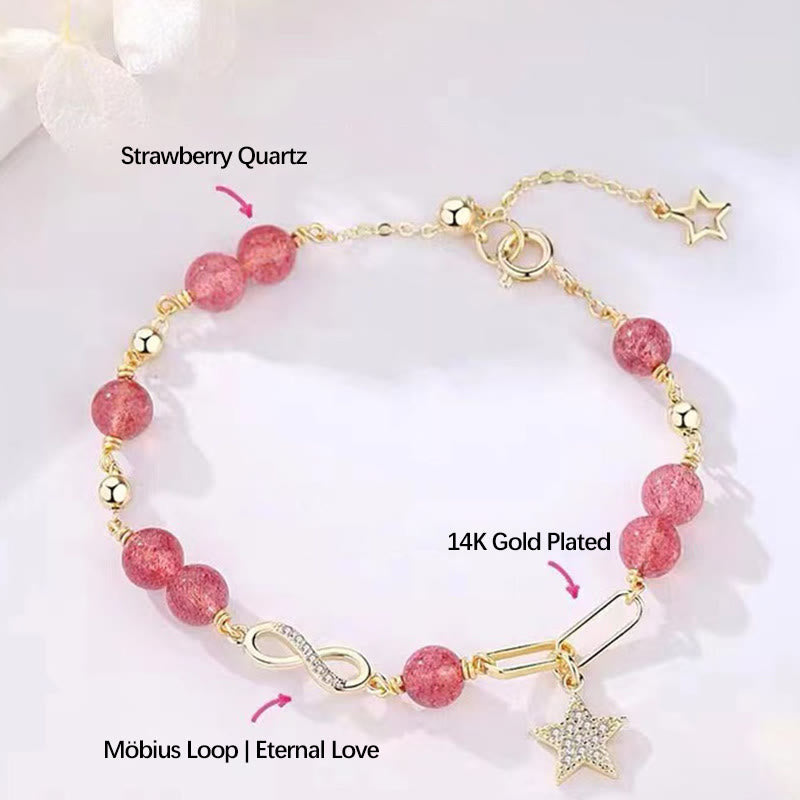 14K Gold Plated Möbius Loop Star Natural Moonstone or Strawberry Quartz Bracelet