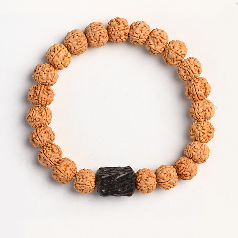Tibetan Rudraksha & Bodhi Seed Bracelet with Hetian Jade and Gold Sheen Obsidian