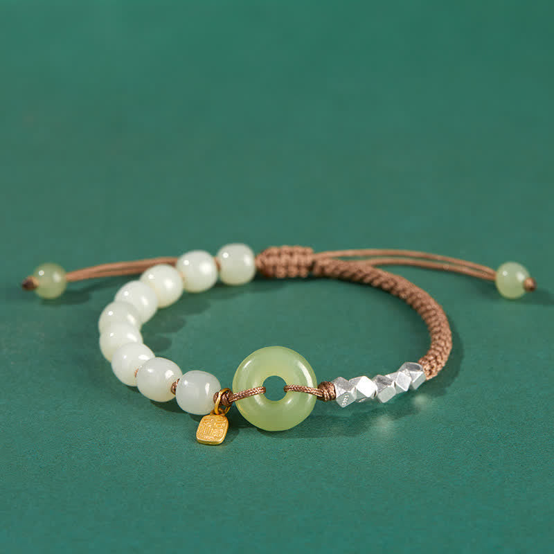 Hand-Woven Hetian Jade Ping An Kou Gold Plated Sterling Silver Beaded Bracelet