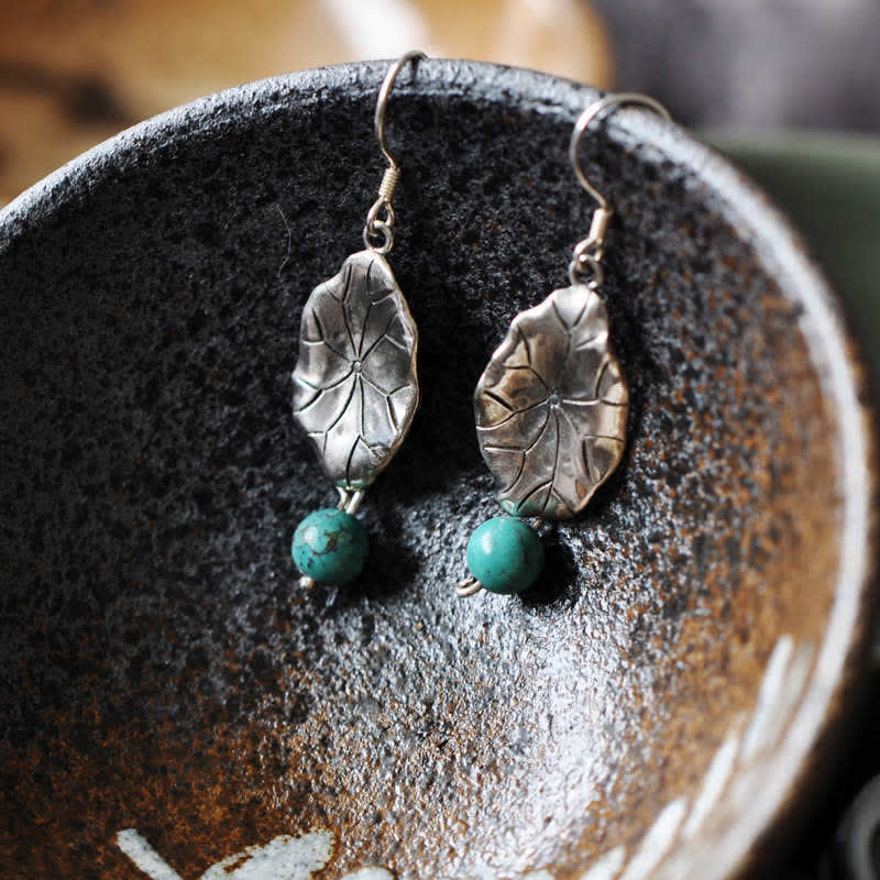 925 Sterling Silver Turquoise Lotus Leaf Handcrafted Drop Dangle Earrings