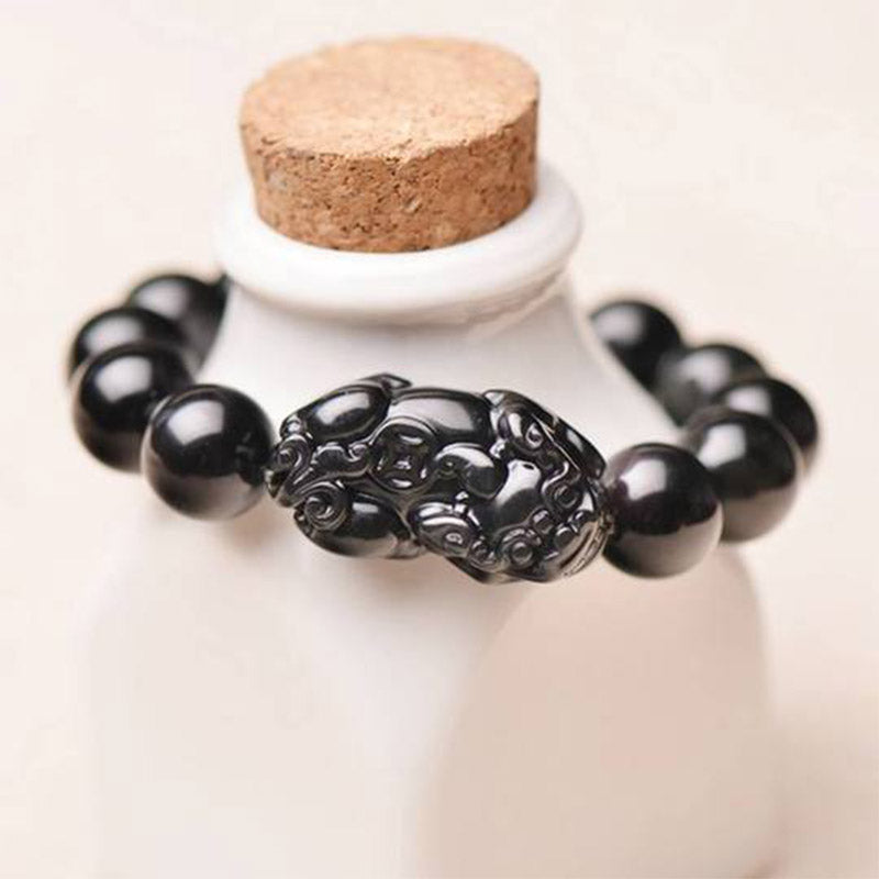 Black Obsidian Beaded Bracelet with Pixiu Symbol