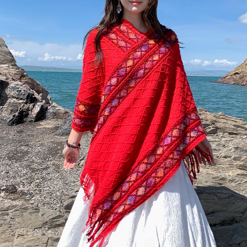 Tactile Knit Geometric Tassel Meditation Shawl Pullover