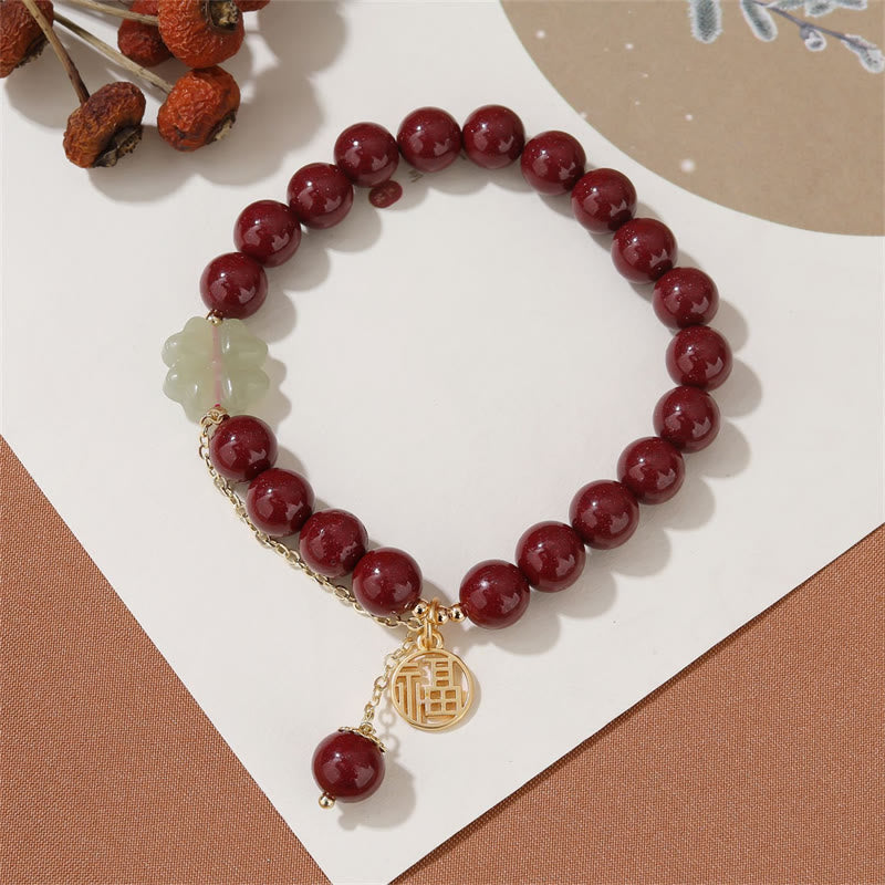 Natural Hetian Jade and Cinnabar Fu Character Clover Beaded Elastic Bracelet
