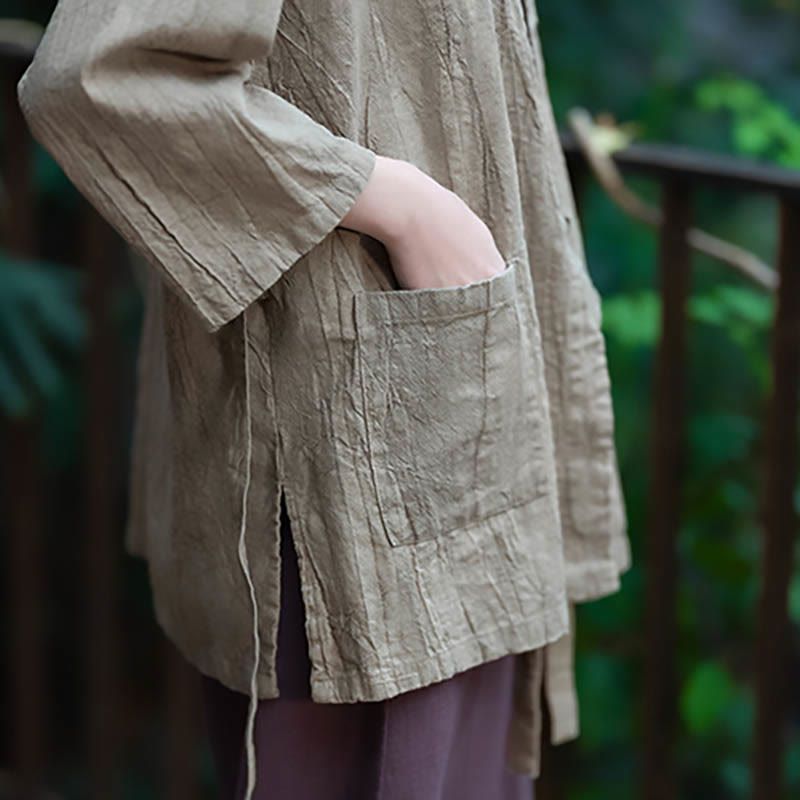 Hanfu Design Three Quarter Sleeve Ramie Linen Coat Open Front Top Jacket