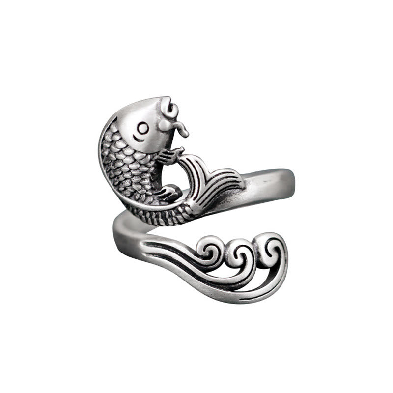 925 Sterling Silver Koi Fish Water Ripple Adjustable Ring