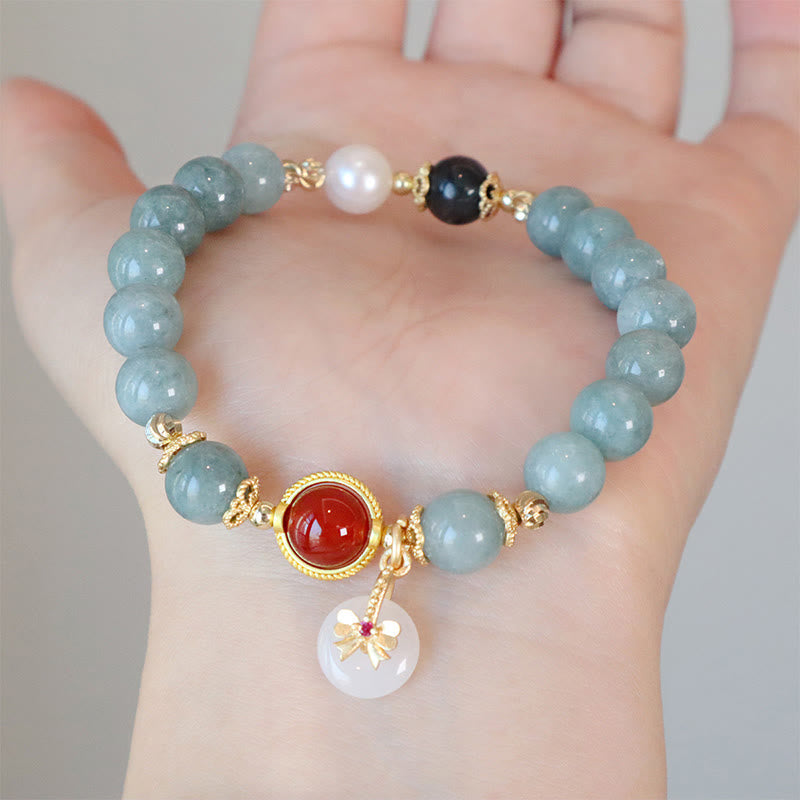 Natural Jade Red Agate Pearl Bow Tie Luck Bracelet